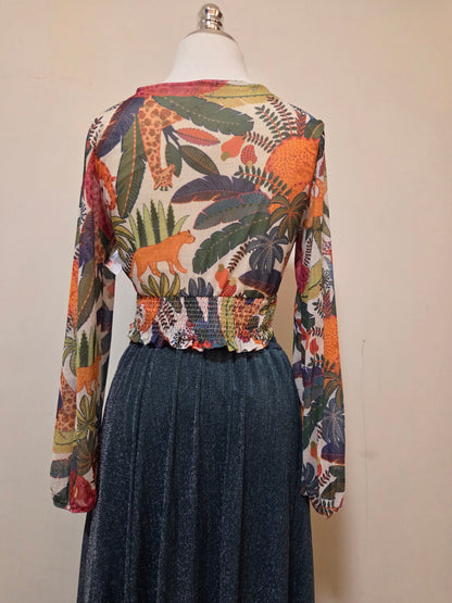 Blusinha Blue Steel Floral Tule Manga Comprida