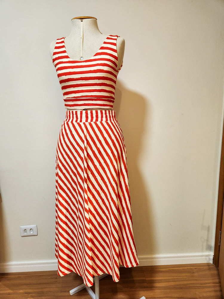 Conjunto Farm Top e Saia Listrados