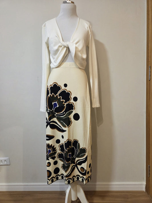 Saia Farm Midi Canelada off White com Floral Verde