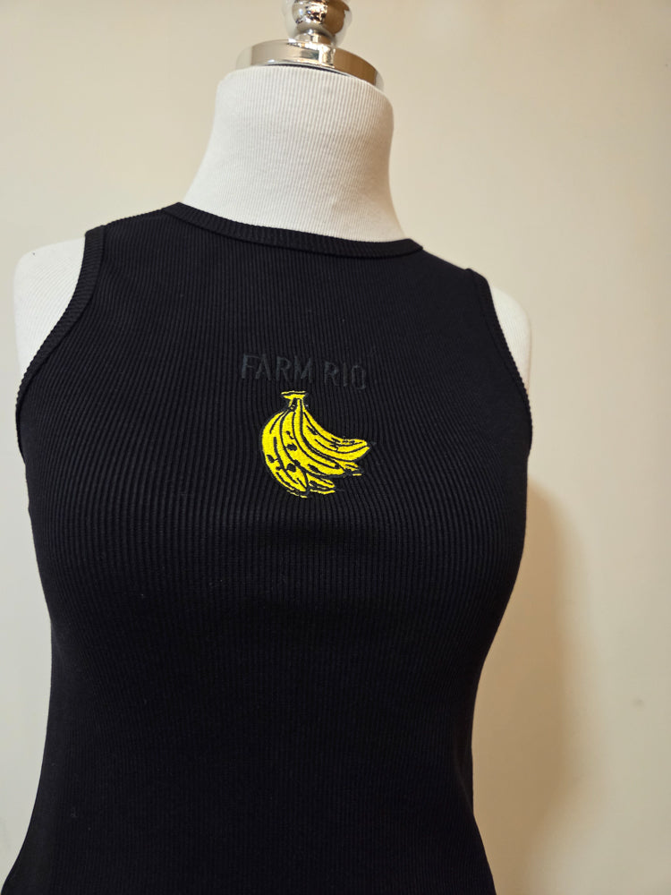 Regata Farm Preta Canelada com Bordado de Bananas