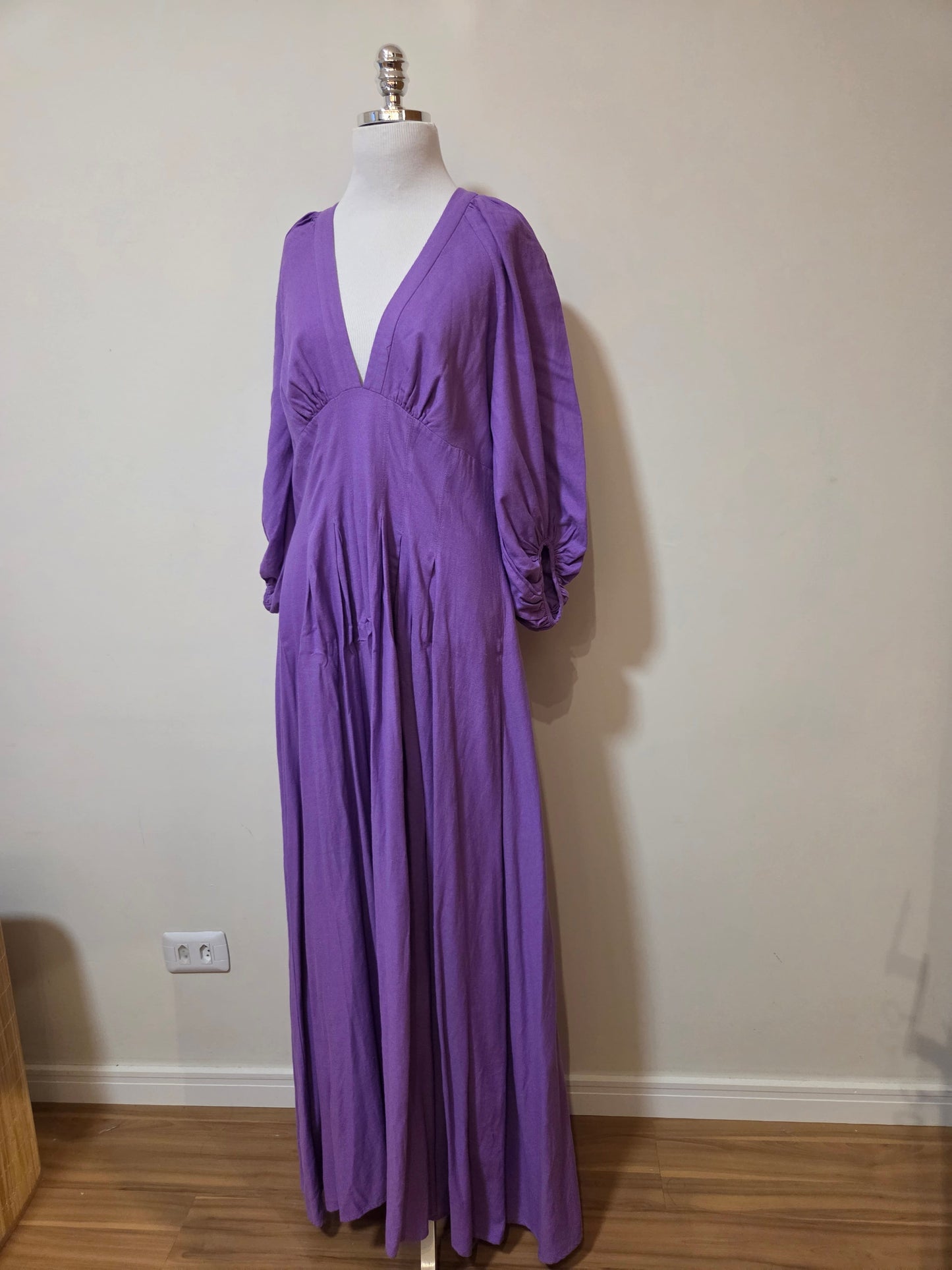 Vestido Farm Mangas Pregas Lilás Salvia