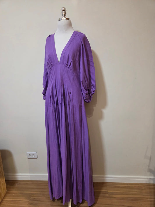 Vestido Farm Mangas Pregas Lilás Salvia