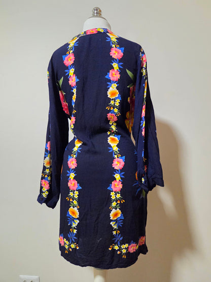 Vestido Chemise Mahamaya Fashion Azul Marinho Floral