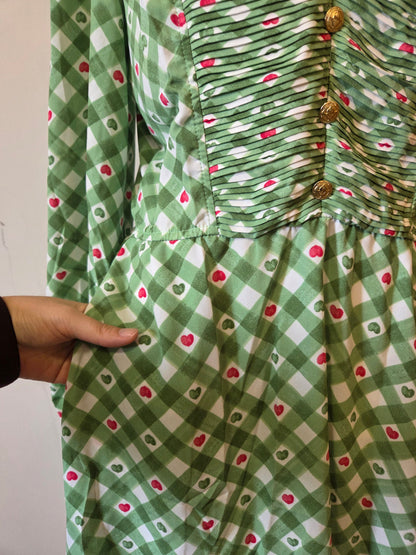 Vestido Midi Antix Jolie Verde | Estampa Xadrez e Corações