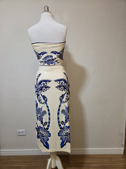 Conjunto Farm Top e Saia Coqueiro Tropical Azul e Branco