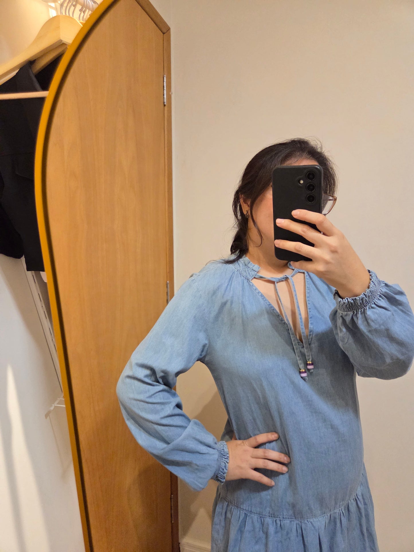 Vestido Maria Filó Curto Jeans Manga Comprida
