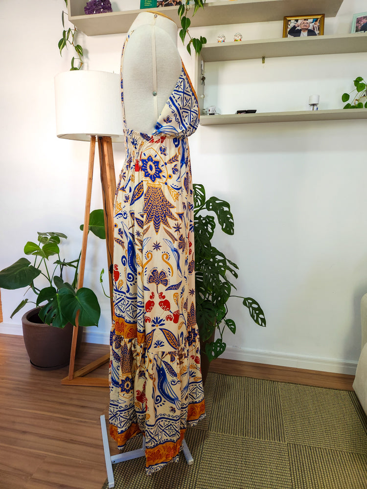 Vestido JMS Estampado Floral e Tucanos Fundo Claro