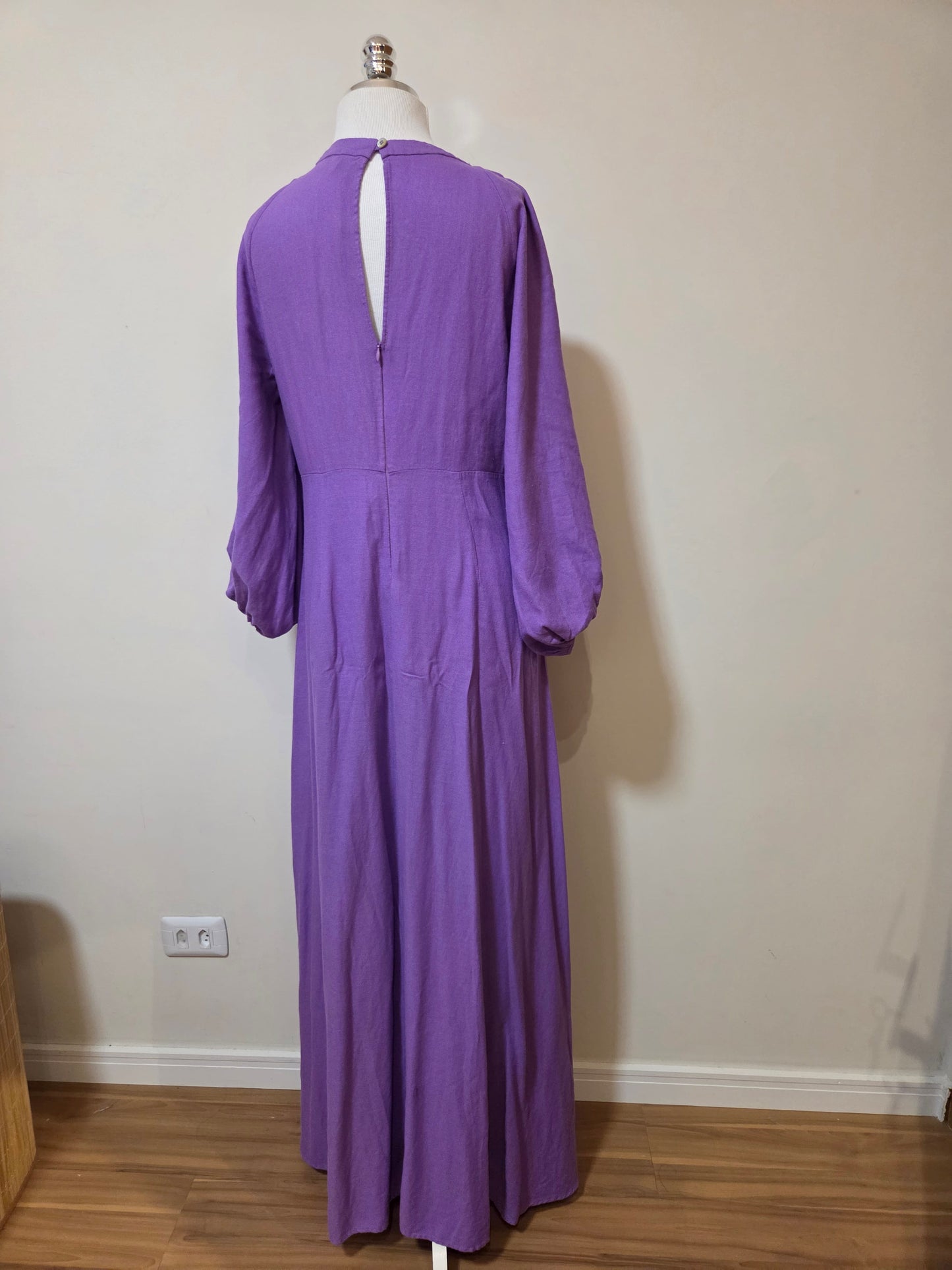 Vestido Farm Mangas Pregas Lilás Salvia