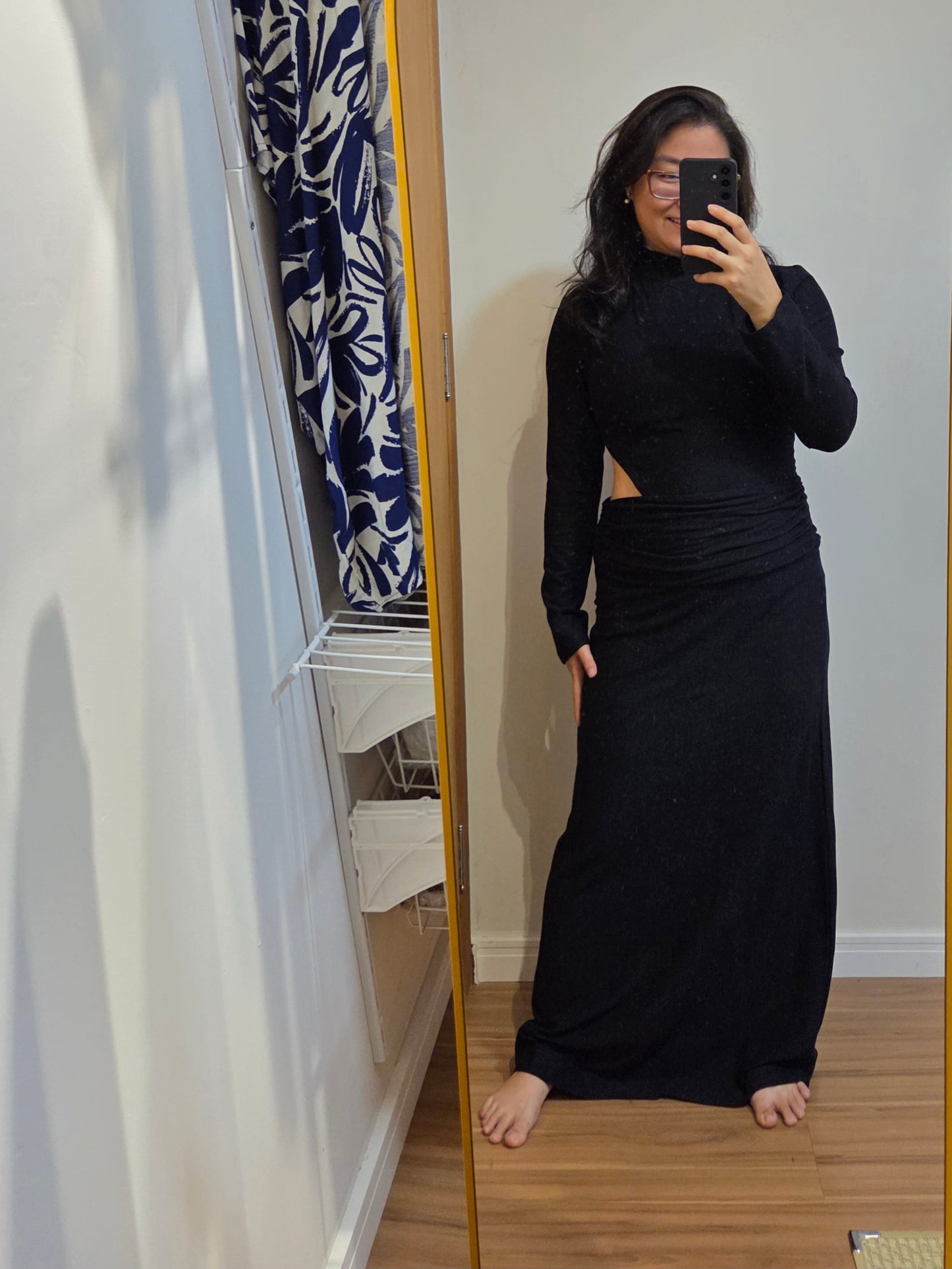 Vestido Farm Manga Comprida Preto Assimétrico Golinha