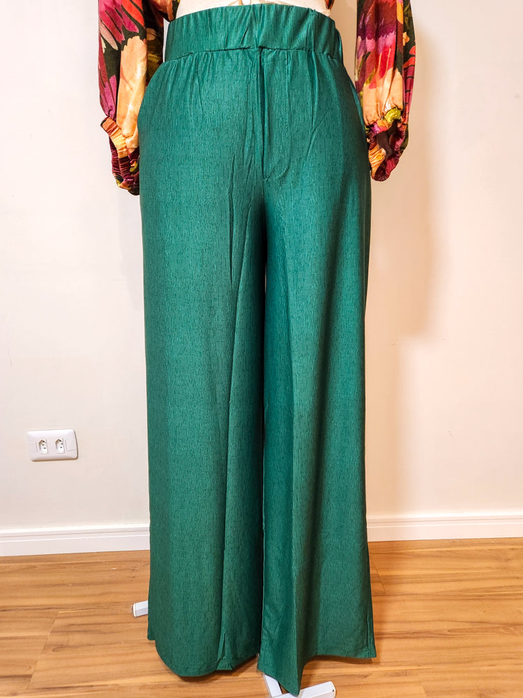 Calça Pantalona Verde com Listra Fina Preta